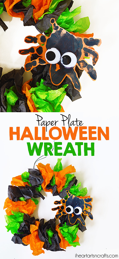 Paper Plate Halloween Wreath with Handprint Spiders