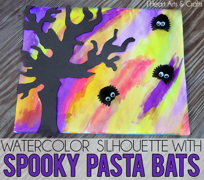 Watercolor Silhouette With Spooky Pasta Bats - Includes printable tree stencil! Easy preschool Halloween craft!