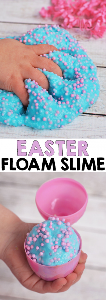 Make our easy Easter Floam Slime using saline solution! This crunchy, stretchy slime is the perfect Easter treat to fill into little Easter eggs!