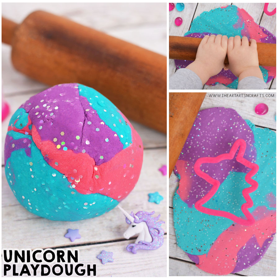 Make your own Homemade Unicorn Playdough! This colorful and glittery no cook playdough is the softest and last for months!