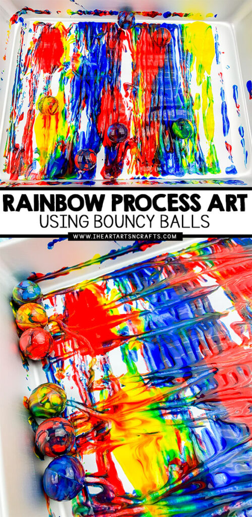 Explore color mixing with this creative painting technique using bouncy balls and a few household supplies! Kids will love this process art activity and you can keep the mess contained using an cake pan or cardboard box. 