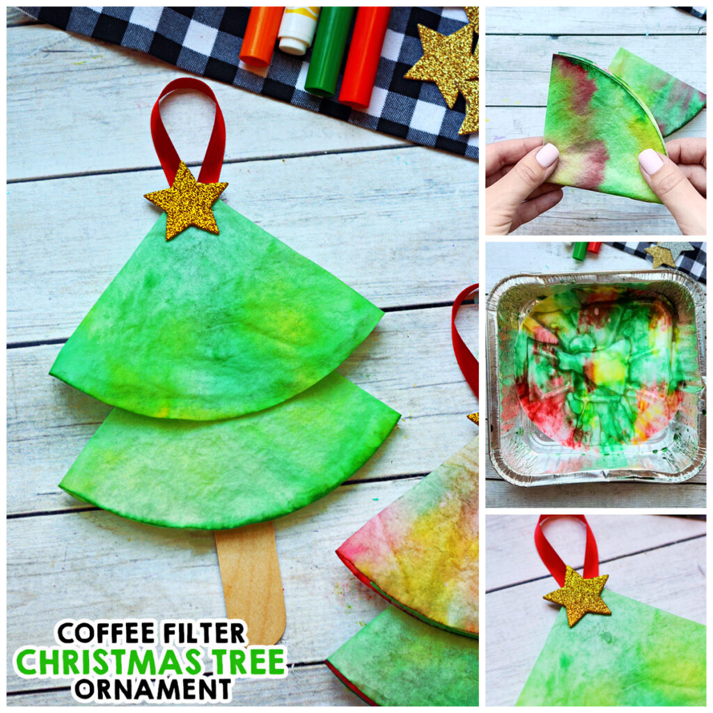 This Coffee Filter Christmas Tree Ornament craft is perfect for toddlers and preschoolers. The kids love creating a tye dye effect with the water bottle and designs they color on the filters. The end result is a gorgeous Christmas tree that you can display for the holidays!
