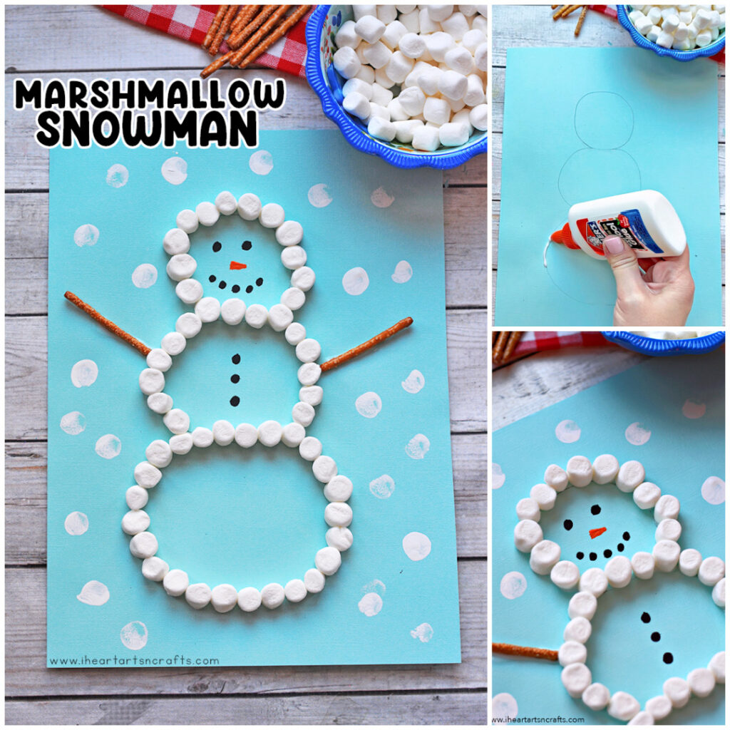 This Marshmallow Snowman is the perfect winter craft for kids. Gluing on the mini marshmallows to your snowman makes a great fine motor activity for toddlers too! 